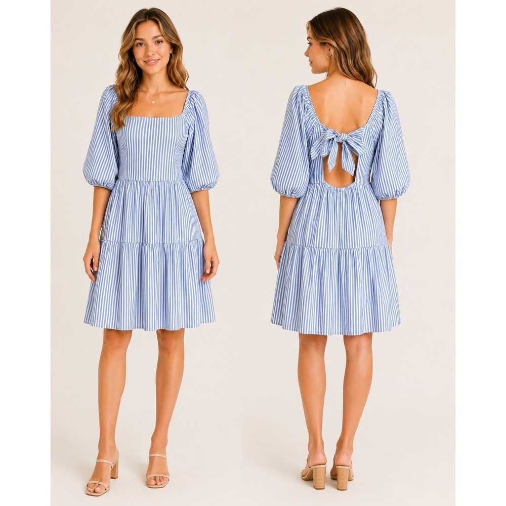 Beachlunchlounge Blue White Striped Puff Sleeve Tie Back Tiered Dress WTD5147 S